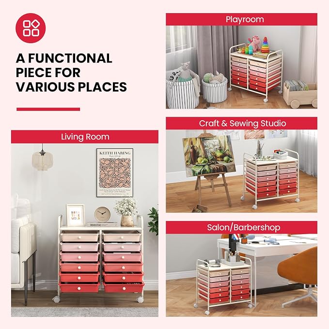 COSTWAY 12-Drawer Rolling Storage Cart, Utility Storage Organizer Cart | For Tools, Scrapbook, Paper, Craft, Multipurpose Art Supply Organizer on Wheels for Home Office School, Teacher, Mixed Pink