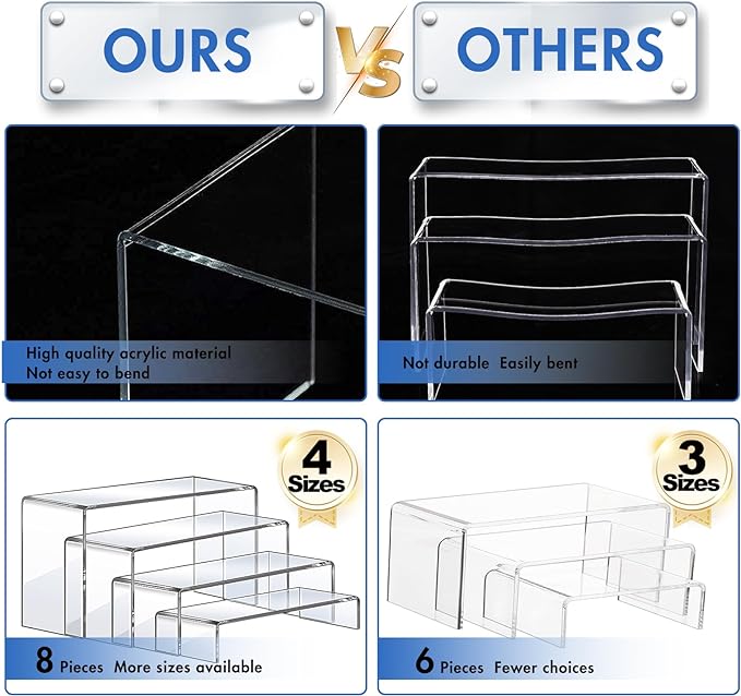 Aheroi Acrylic Risers Display Stands, Acrylic Stands for Display 8Pcs 2Set | Clear Acrylic Display Risers,Display Shelf for Decor,Dessert Table Risers for Display, Cupcake food cake Stand(7"L~8"L~9"L)