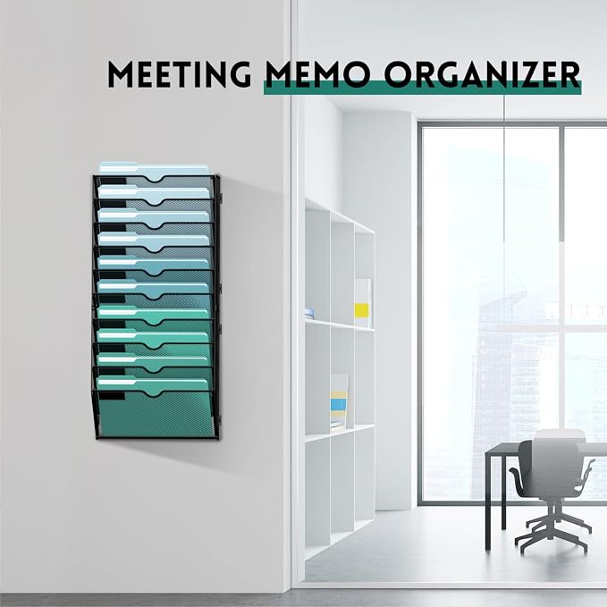 SUPEASY 10-Tier Wall File Organizer, Hanging Wall Files for Papers, Folders, Magazines, Wall Organizer for Clipboard, Assembly Needed, Black, 2 Pack