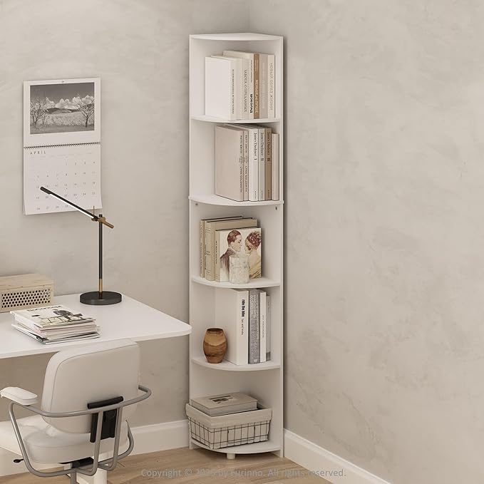 Furinno Basic Book Shelf, 5-Tier Bookshelf, Bookcase with Multipurpose Corner Shelf, 12 x 12 x 70.8, for Living Room, Bedroom, Home Office, White