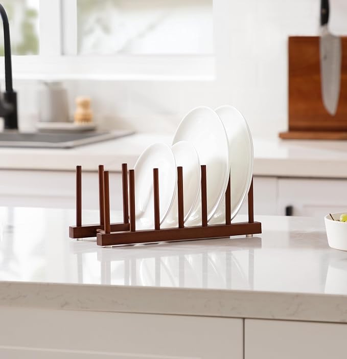 HBlife Teak Wooden Dish Drying Rack Kitchen Plate Organizer Pot Lid Holder | 6 Slots, Vertical Dish Racks for Cabinet Countertop & Wall, Plate Pot Lid Cutting Board Holder, Bowl Cup Drainer, Keep Dry