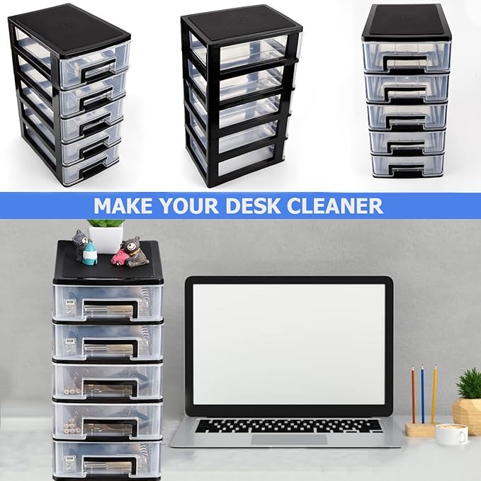 Plastic Desk Organizer,Desk Storage Box with 5 Drawers,Cosmetics Jewelry Storage Box Multifunction Storage Rack for Office School Home (Black &Transparent)