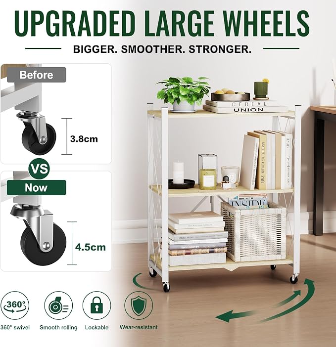 black leopard 3-Tier Foldable Shelf with Wheels, Wood-Grain Steel Shelves | Pre-assembled frame unfolds in seconds with tool-free wheel setup for fast, convenient use.