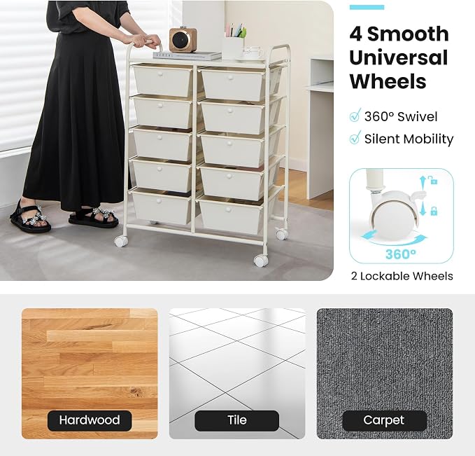 BECOMFORT 10-Drawer Rolling Cart with Drawers, Storage Cart on Wheels, Teacher Classroom Organizers with Metal Frame, Mobile Craft Cart, Trolley Utility Cart for School Office Play Room