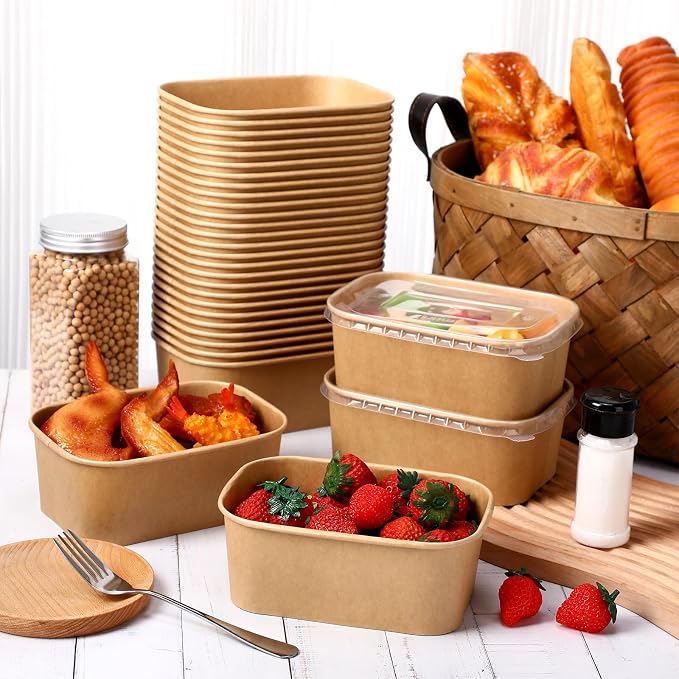 Maxdot 50 Pack 29 oz Disposable Food Containers with Lids Paper Food Containers Bowls for Meal Prep, Salad, Ice Cream, Yogurt, Soup Bowls Party Leftover Box
