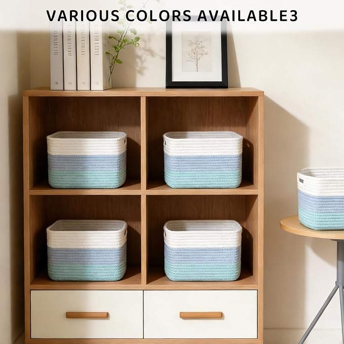 4 Pack Storage Baskets for Organizing, 11''Lx9''Wx8''H Woven Baskets for Storage Toys, Towels, Books, and Clothes, Cotton Rope Basket for Shelves with Handle White & Brown