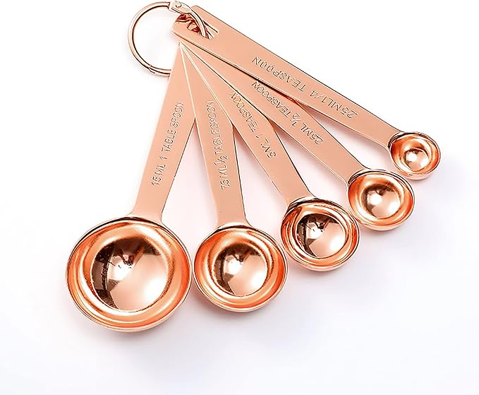 Measuring Cups and Spoons Set of 9, Utensils for Dry and Liquid Ingredients, Copper Kitchen Accessories, Rose Copper Decor for Home, Stackable, Sturdy Stainless Steel (GoldRose)