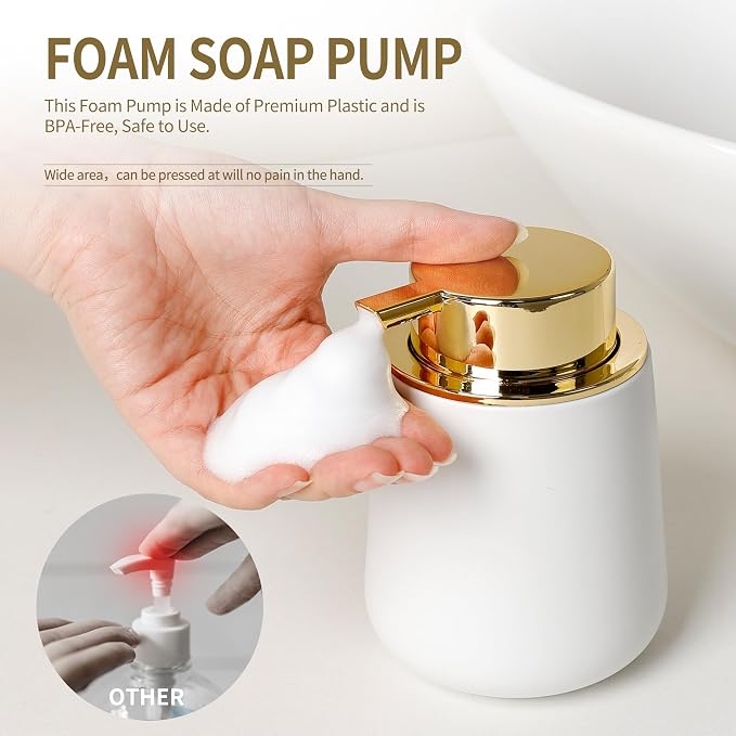 Bosilunlife Ceramic Bathroom Soap Dispenser - 12Oz Bathroom Countertop Kitchen Dish Soap Pump Dispenser Liquid Soap Dispenser - Matte White with Gold
