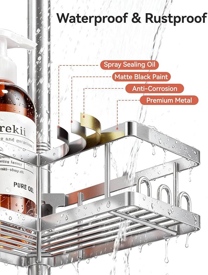 YASONIC Corner Shower Caddy Tension Pole, 25.7-109.1in Adjustable Shower Shelves, Rust-Resistant Shower Organizer, No-Drill 3-Step Installation, Bathroom Shelves for Renters & Family, Silver