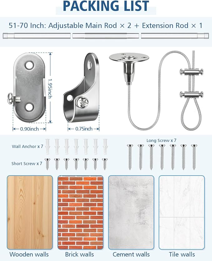 Adjustable Oval Closet Rod, 51-70 Inch,90 Lbs Heavy Duty (Chrome)
