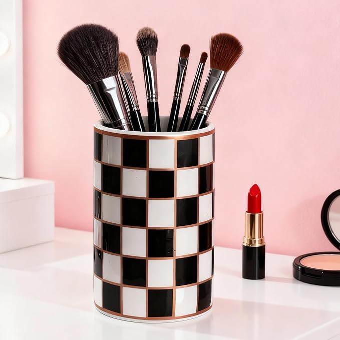 Ceramic Checkered Pen Holder For Desk,Cute Stand Black And White Pencil Cup,Durable Ceramic Pencil Cup, Decorative Makeup Brush Holder Cup, Stationery Holder for Office, School, Home (Black)