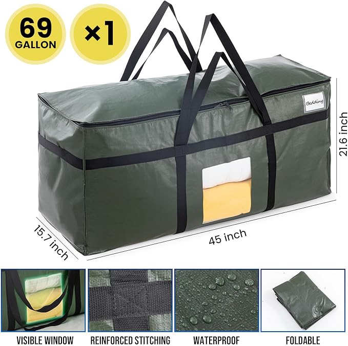 TAILI 69 Gallon Extra Large Storage Bags, XXL Green Heavy Duty Moving Bags For Storage with Visible Window, Wrap Around Handles, Totes for Space Saving, Alternative to Moving Boxes