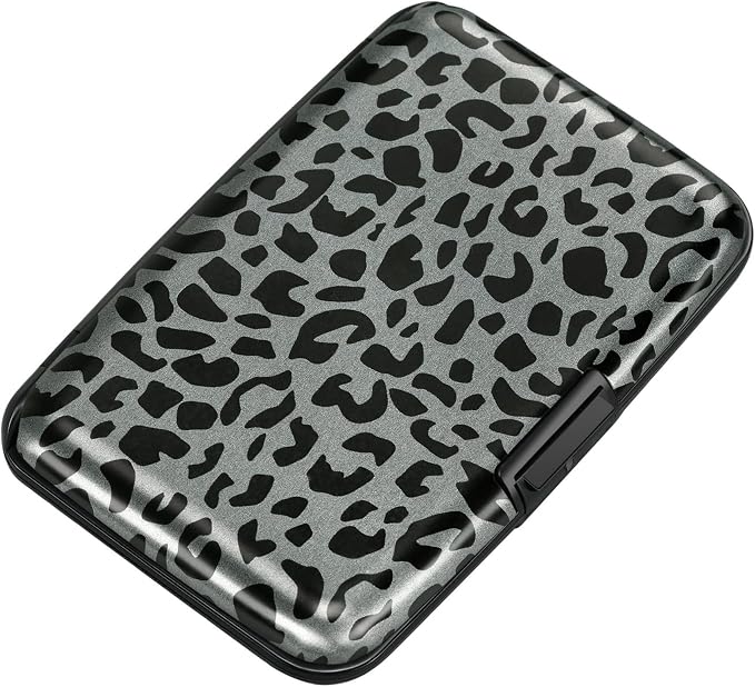 ELFISH Mini RFID Aluminum Wallet Credit Cards Holder Business Card Case Metal ID Case for Men Women(Black Leopard Print)