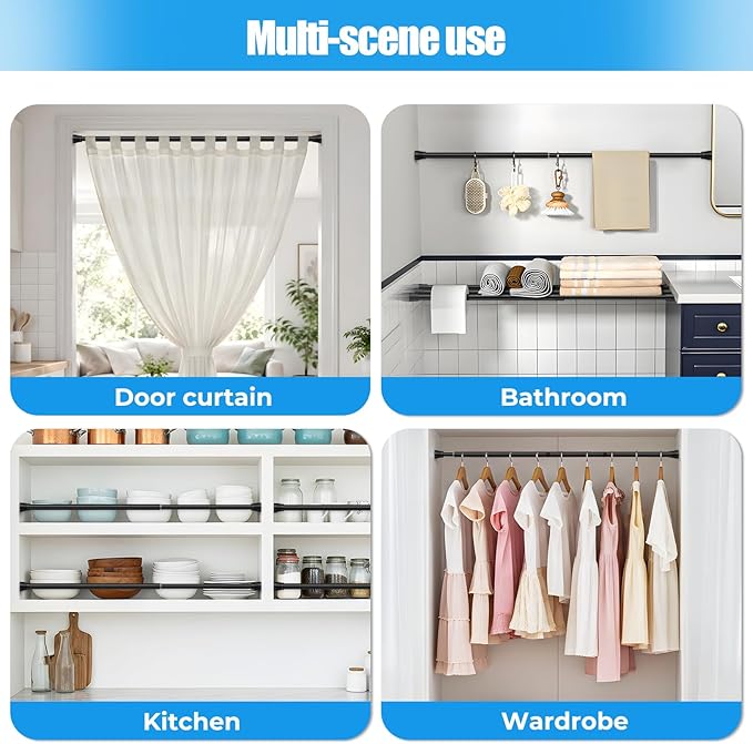 Spring Tension Curtain Rods 28-48 Inch Black 1 Pack | No-drill & tool-free setup. Fits windows, kitchens, doorways. Rust-resistant, great for light curtains.