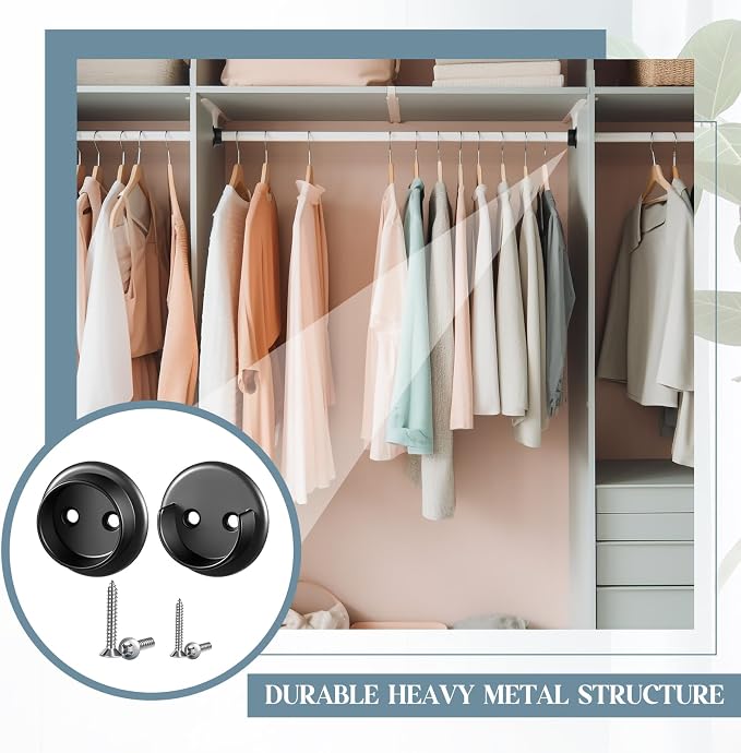 Yaocom 4 Pairs Matte Black Metal Closet Rod Bracket Set Heavy Duty Shower Curtain Closet Pole Socket Accept 1-3/8 Diameter with Screw on Attachment for Wardrobes Shelf