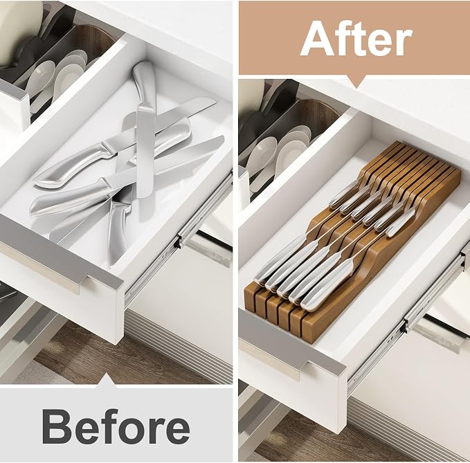 In-Drawer Knife Block Organizer - Bamboo Wood Drawer Knife Organizer-Protecting Knife Organizer Block (Not Included) (Brown, 11 Knives Dock)