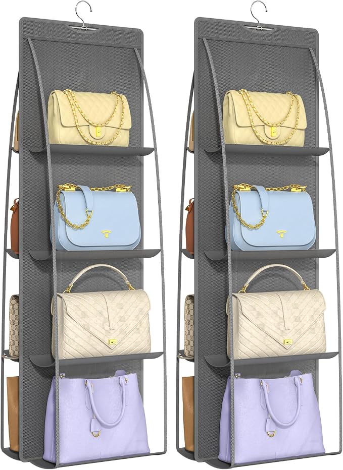 2 Packs 8 Pockets Grey Handbag Hanging Purse Organizer for Closet, Purse Storage, Purse Hanger and Handbag Organizer for Space Saving