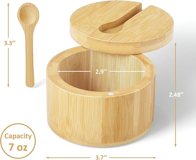 OUTNILI Salt Box Bowl with Lid and Spoon - Bamboo Salt Cellar with 360° Swivel Lid - Salt Container Holder for Sea Salt Herbs or Favorite Seasonings, 7 Ounce Capacity