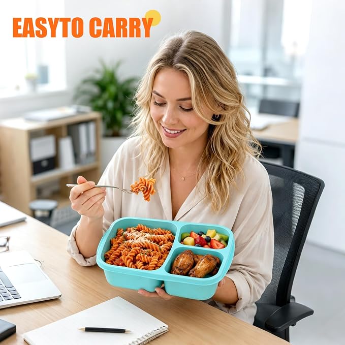 buluker 4 Pack Bento Lunch Box Set 3 Compartment Food Storage Containers Wheat Straw Meal Prep Lunch Box Plastic Food Storage Containers, Microwave and Dishwasher Safe (Vivid Colors)