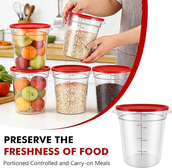 4-Pack Food Storage Containers with Lids,Round Plastic Containers for Kitchen, Food Grade, BPA-Free, Stackable, Clear Red Storage Buckets (Red, 4L)