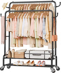 Homde Sturdy Garment Rack for Bedroom: 265 lbs Heavy Duty Clothes Organizer | 2 Hanging Rods Hold Coat to T-Shirt - Easy Roll & Park on Wheels - Metal Frame Stays Solid & Stable at Full Load