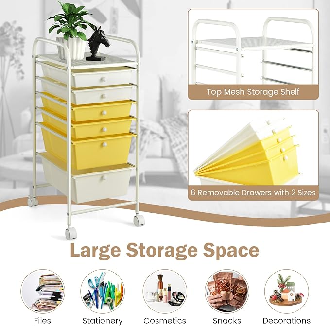 DREAMADE Rolling Cart With Storage Drawers, Utility Cart With Removable Plastic Drawers, Lockable Wheels for Classroom Organization, Art Supplies, Office, Scrapbook (6 Drawers, Yellow)