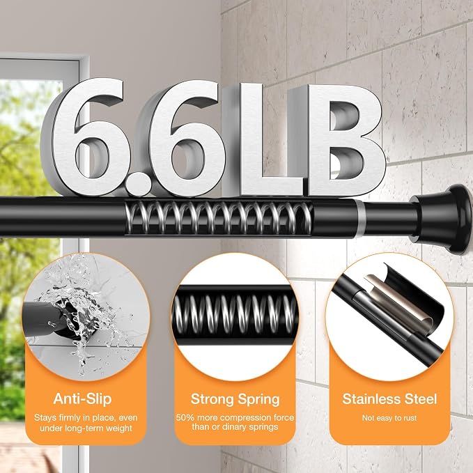 Tension Curtain Rod 30-76Inch Black Tension Rod for Windows Shower Curtain Rods No Drilling Spring Adjustable Curtain Rods for Windows,Doorway,Bathroom,Closet,7/8" Diameter