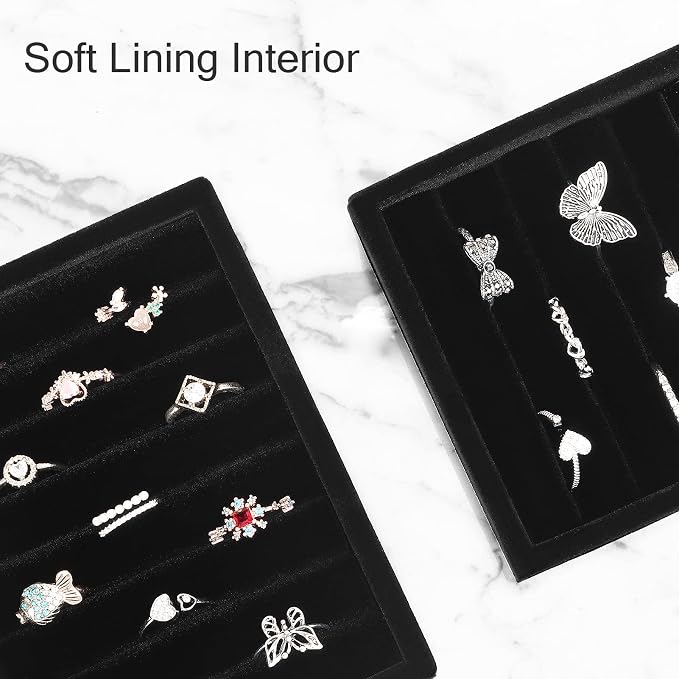 DesignSter Small Jewelry Tray-Ring Organizer 2PCS Premium Velvet Rings Earrings Display Tray Storage Insert Holder for Jewelry Box, Drawer, Dresser (8 Slots, Black)