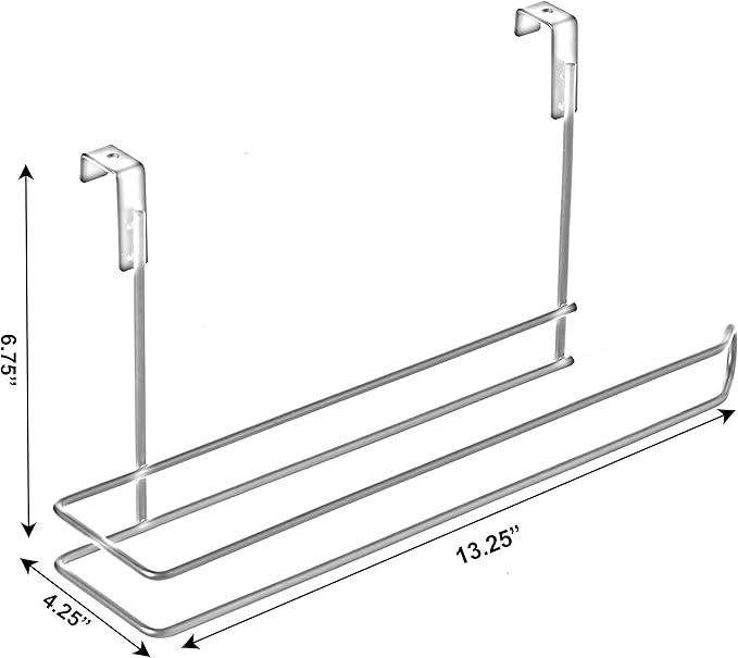 Basicwise Hanging Paper Towel Holder Over-The-Cabinet Door Organizer Rack Space-Saving Kitchen and Under-Sink Storage Solution for Standard Rolls with Easy Access for Home Office and Everyday Use