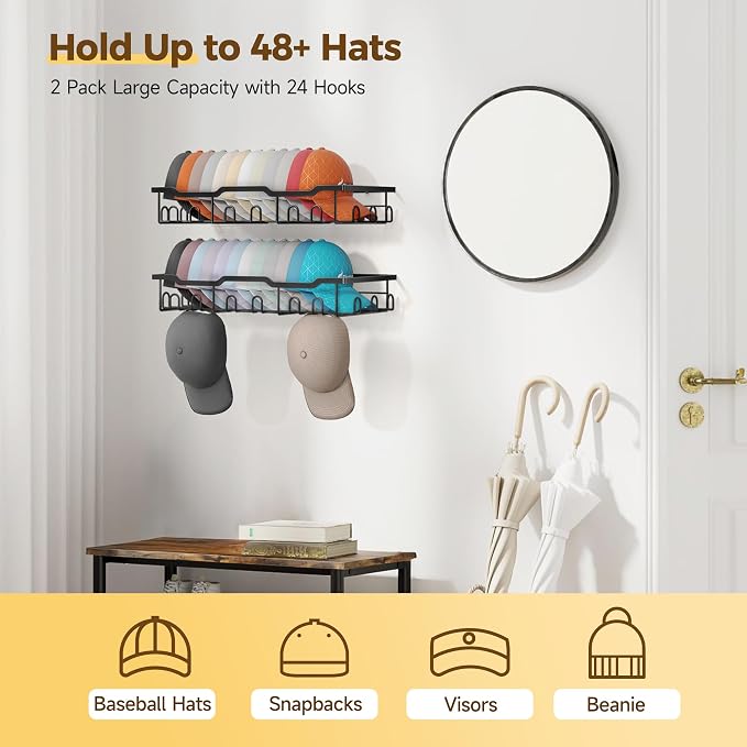 Nicetree Hat Racks for Base ball Caps Wall - Metal Hat Organizer for 48 Baseball Caps Holder, 2 Pack Baseball Hat Storage Organizer for Closet, Bedroom, Living Room