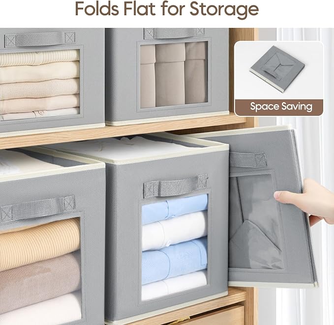 Homsorout Storage Cube 11 Inch - Cube Storage Bins with Window, Closet Storage Baskets with Handle, Fabric Bins for Closet, Shelves, Toys, Clothes, Set of 6, Grey