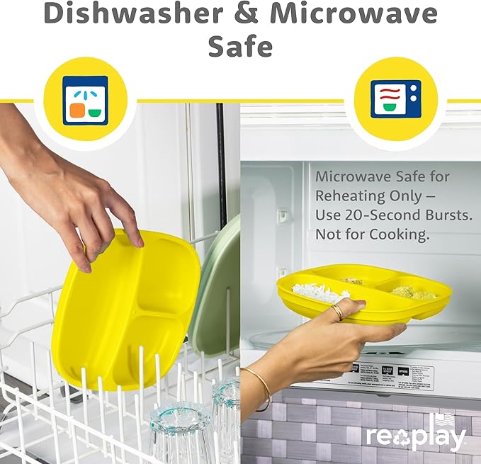 Re-Play Toddler Plates with Dividers - Deep-Walled 3 Compartments Divided Plates for Kids - Dishwasher & Microwave Safe - Made in USA - Set of 4-7.37" x 7.37" x 1.25" - Spring