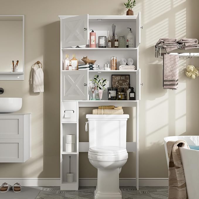 Halitaa Over The Toilet Storage Cabinet with Doors & Paper Holder, White | Halitaa Farmhouse Toilet Shelf Home Space Saver with 4 Barn Doors & Toilet Paper Holder Stand for Restroom, Bathroom, Laundry