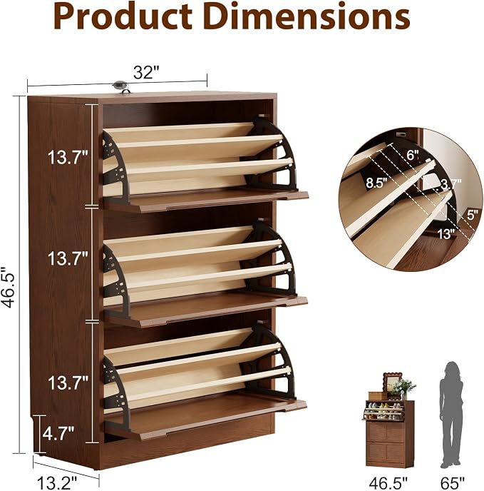 WoodsWhisper Solid Wood Shoe Cabinet for Entryway with 3 Flip Drawers, Narrow Shoe Organizer with Breathable Slatted Doors, Freestanding Hidden Shoe Rack for Hallway (Walnut, 32" W)