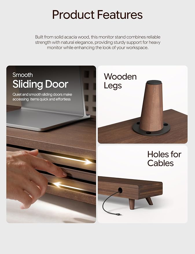 Tinamo 24" Wooden Monitor Stand Riser with Storage Organizer, Walnut Color | Acacia Wood, Sliding Door, Cable Management, Fits up to 32" Monitors, Multi-purpose Storage, Used for Computer, Laptop, TV