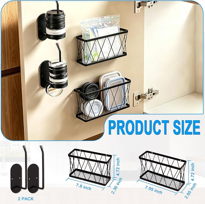 4 Pack Adhesive Cabinet Door Organizer, Rustproof Carbon Steel Lid Storage Holder,Inside cabinet door storage,Tumbler & Food Container Lid Rack,No Drill Storage Basket for Kitchen Cabinet & Bathroom