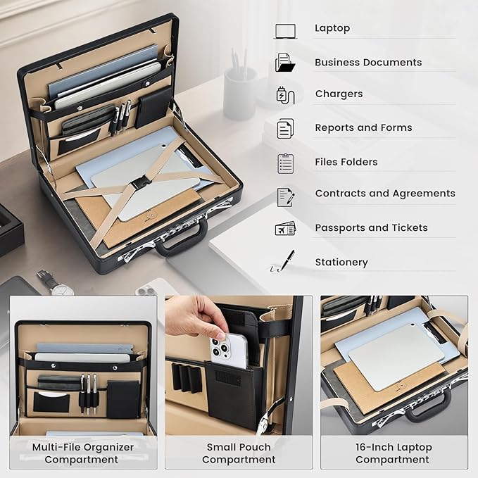 Briefcases for Men Carrying Case Document Attache Case for 16 Inch Laptop Waterproof Faux Leather Multi File Organizer with Anti-Theft Lock Professional Business Case for Work Office Travel, Black