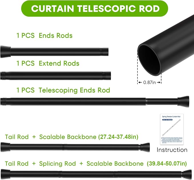 4Pack Tension Rods for Windows 28 to 48 Inch Black Curtain Rods no Drilling Tension Rod Curtain Rod Adjustable Tension Curtain Rods Expandable Pressure Spring Tension rods for Closet