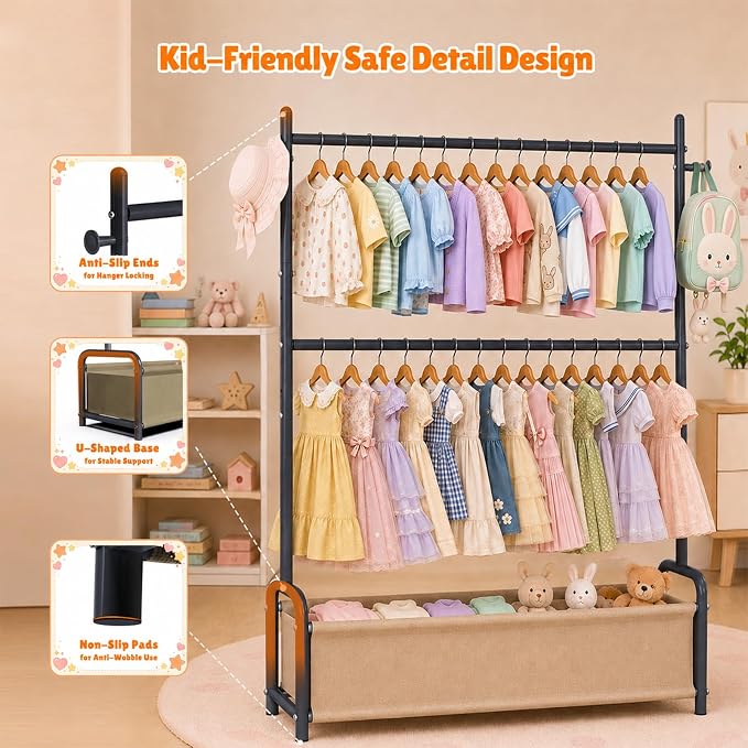 Kids Clothing Rack with Double Rod, Storage Basket & Hooks, Height Adjustable Kids Clothes Rack, Portable Baby Dress Up Garment Rack for Princess Dresses, Black