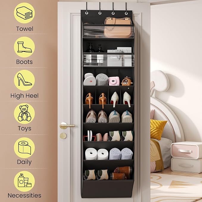 Mefirt 16-20 Pairs Over the Door Shoe Organizer, Clear Pockets Shoe Rack for Closet Door, Hanging Shoe Rack for Boots, Behind the Door Shoe Holder Fit All the Family's Sneakers, Boots, Heels, Black