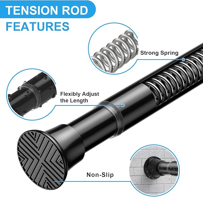 Spring Tension Curtain Rod 30-76 Inch Black Shower Curtain Rod 1pcs | Adjustable Curtain Rods No Dilling Spring Curtain Tension Rod Extendable Tension Rods for Windows Bathroom Doorway Kitchen