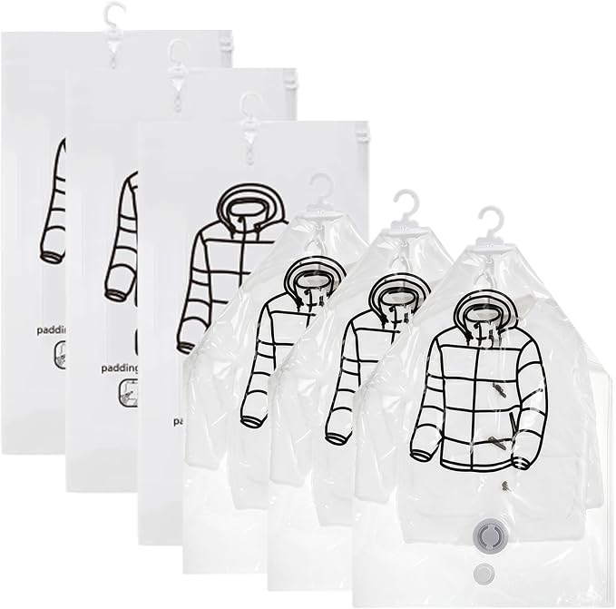 6PCS Hanging Vacuum Storage Bags, Transparent Thick Space Saver Bags, Reusable Compressed for Suits, Dress, Jackets.