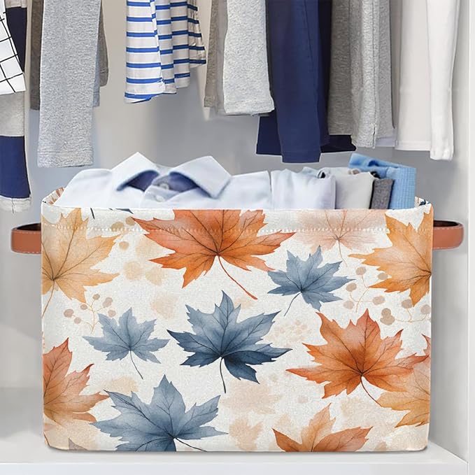 Rectangular Storage Bins Blue Orange Maple Leaves Collapsible Fabric Storage Basket Organizer with Handles for Nursery Bedroom Bathroom