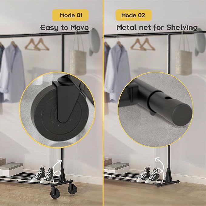 Clothing Garment Rack Capacity 550LBS Rolling Clothes Rack on Wheels - Heavy Duty Commercial Storage Organizer - Mobile Clothes Rack with Multifunctional Design (Black)