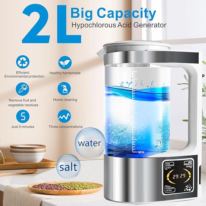 Hypochlorous Acid & Sodium Hypochlorous Solution Generator, 2000ML Capacity Portable Electrolyzed NaCl Water System Making Generate HClO Machine for Home Kitchen School Restaurant Bathroom Cleaning