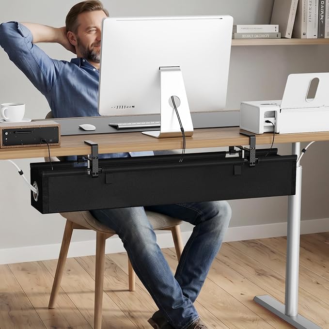 KEEGH Under Desk Cable Management Tray 36", Fabric Clamp/Screw Mount Cord Organizer, No Drill Under Desk Cable Tray for Home, Offices, Studios, Gaming Room (Black)