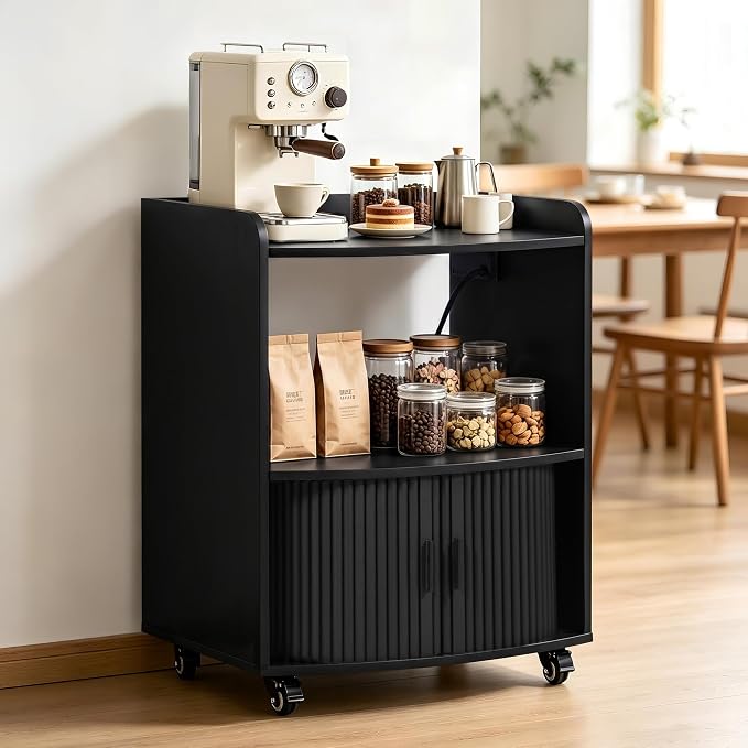 Bifins Coffee Bar Cart for Home, 3 Tier Rolling Serving Carts with Wheels | Coffee Cart with Removable Metal Brackets and Sliding Doors,Mobile Liquor Sideboard Cabinet for Home Bar, Kitchen