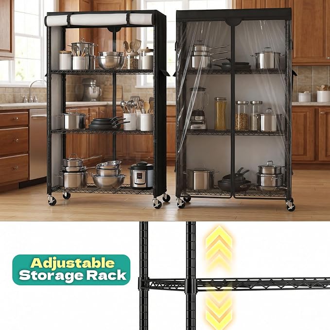 4-Tier Wire Shelving with Cover and Wheels, 36"x14"x63" Storage Rack | Heavy duty Wire Shelves with 600D Oxford fabric cover, Rolling Metal Storage Shelf for dorm, pantry, kitchen or closet
