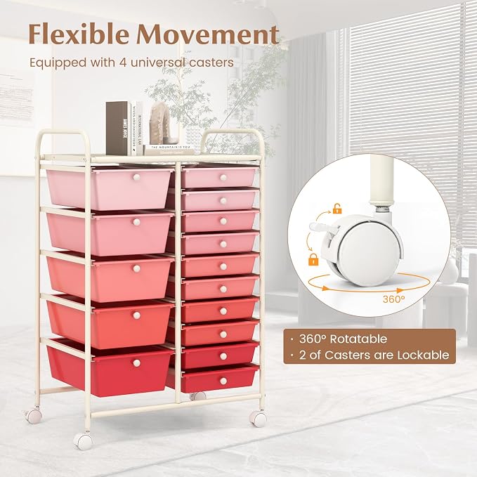 DREAMADE Rolling Cart with 15 Drawers, Rolling Drawer Organizer Cart w/Lockable Wheels, Removable & 2-Sized Storage Drawers, Art Cart for School Home Art Supplies Crafts File Scrapbook (Mixed Pink)