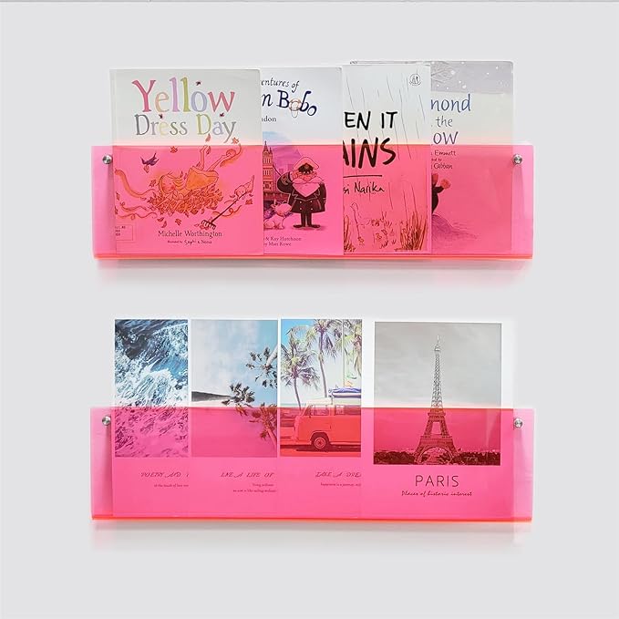 ROYALITA 2-Pack Acrylic Magazine Holder Brochure Holder, Pink 24 Inch | Record Magazine Rack, Fashion Floating Bookshelf, Literature Storage Rack for Waiting Room, Living Room, Office